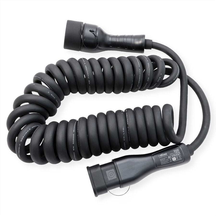 ROLINE EV Charging Cable Assembly Type2, 3-Phase, 480VAC (3P+N+E), 32 A, 22 kW, spiral (max. 5m)