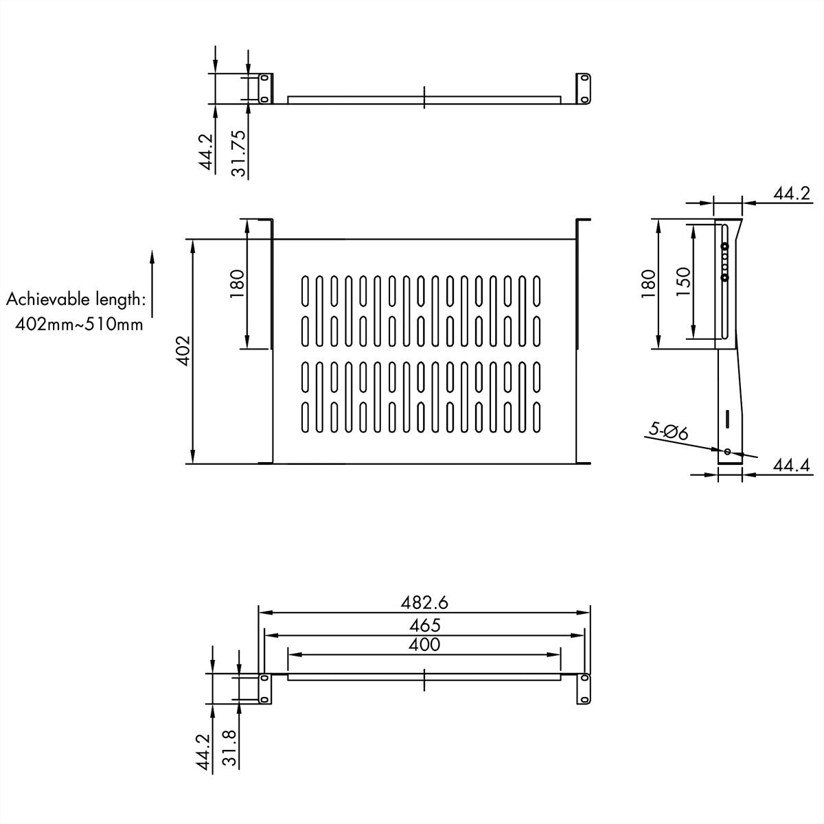VALUE 19"-Fixed Shelf, 440 x 400mm, max. 25kg, 1U, U-Shape, black
