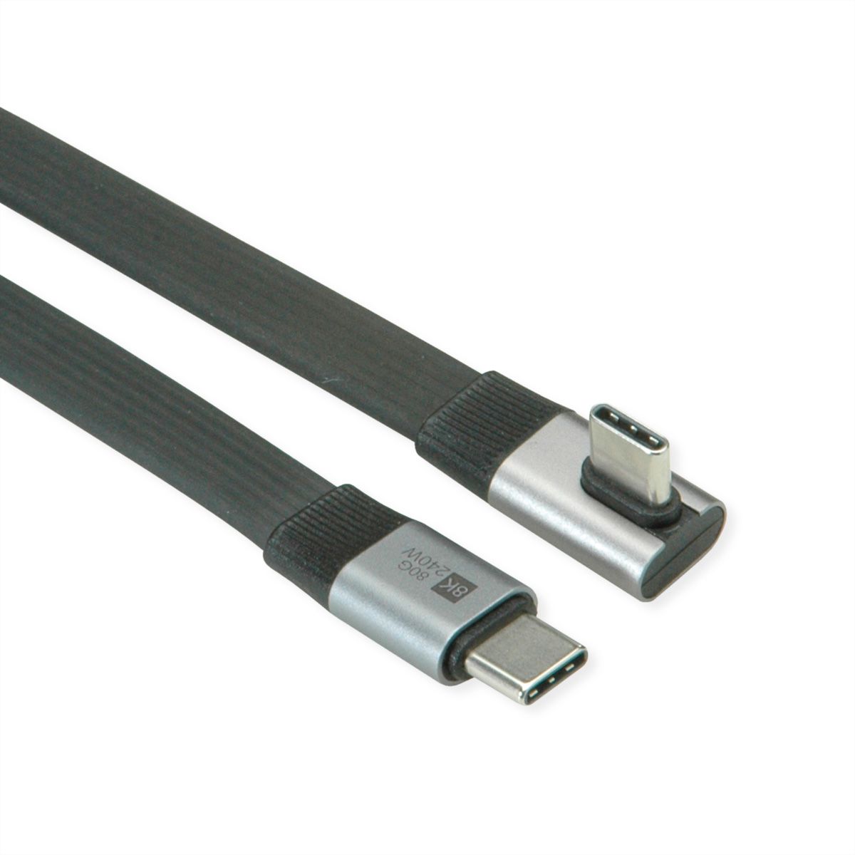 ROLINE Cable USB4 2.0, Flat, Straight-90° Angled, with Emark, C–C, M/M, 8K UHD-2, 80Gbit/s, 240W, black, 0.8 m