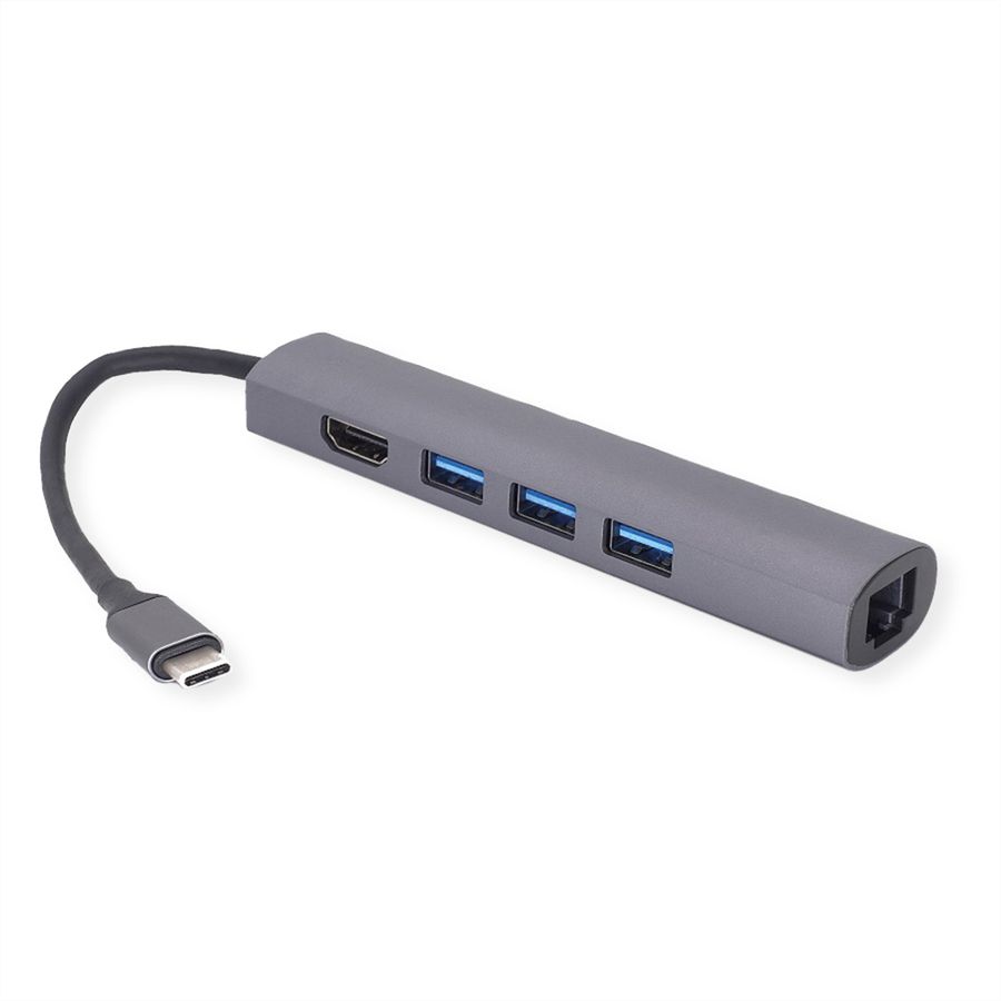 VALUE USB-C docking station, 4K HDMI, 3x USB 3.2 Gen 1, Gigabit Ethernet, grey