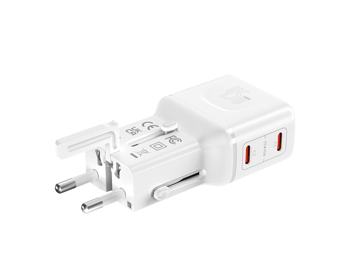 VALUE POCKET Travel Charger, EU/UK/US, 2x Ports USB C, 45W, white