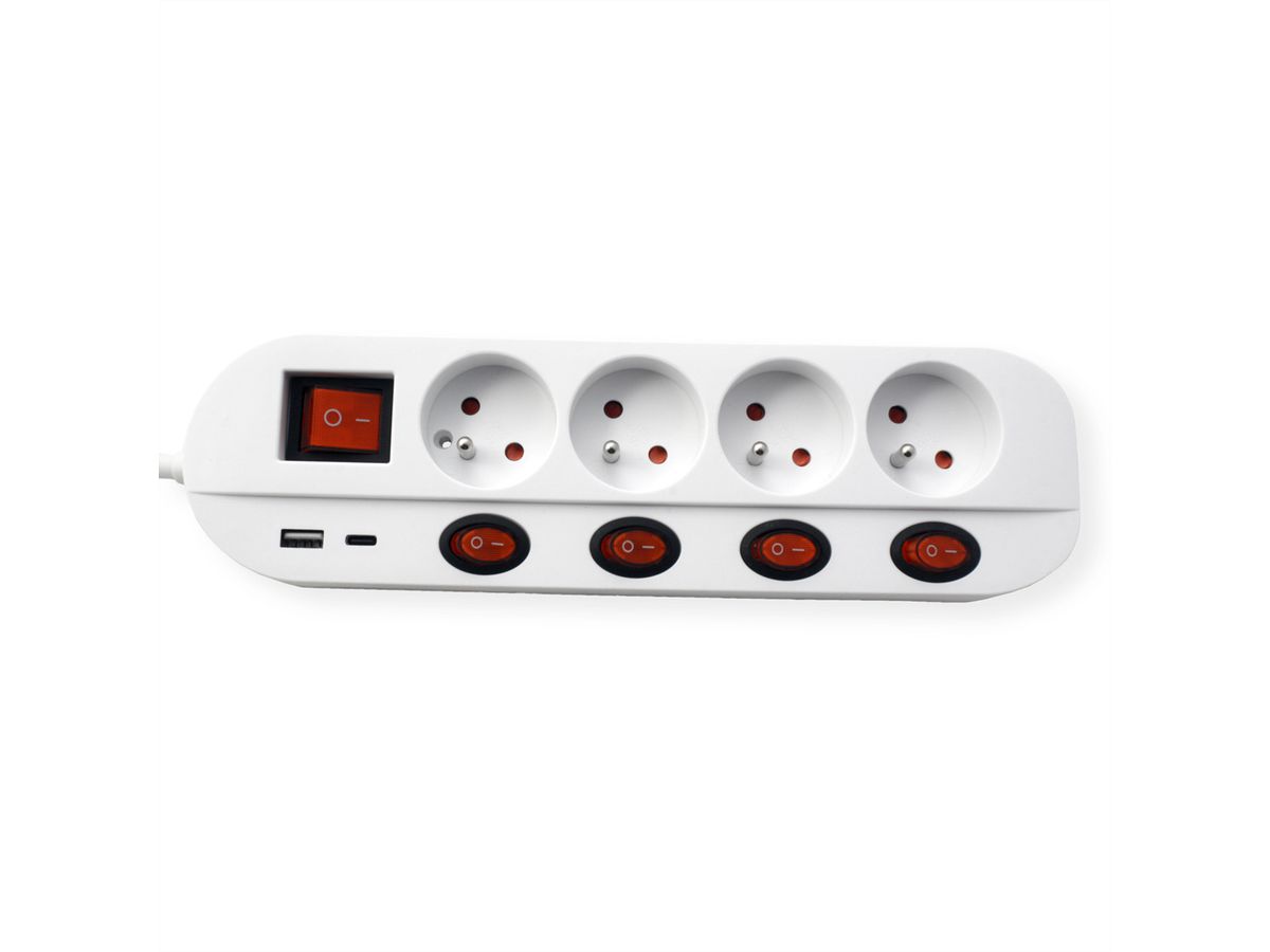 ROLINE Power Strip, 4-way, UTE, with individual on/off switches, 1x USB A, 1x USB C, 3 m