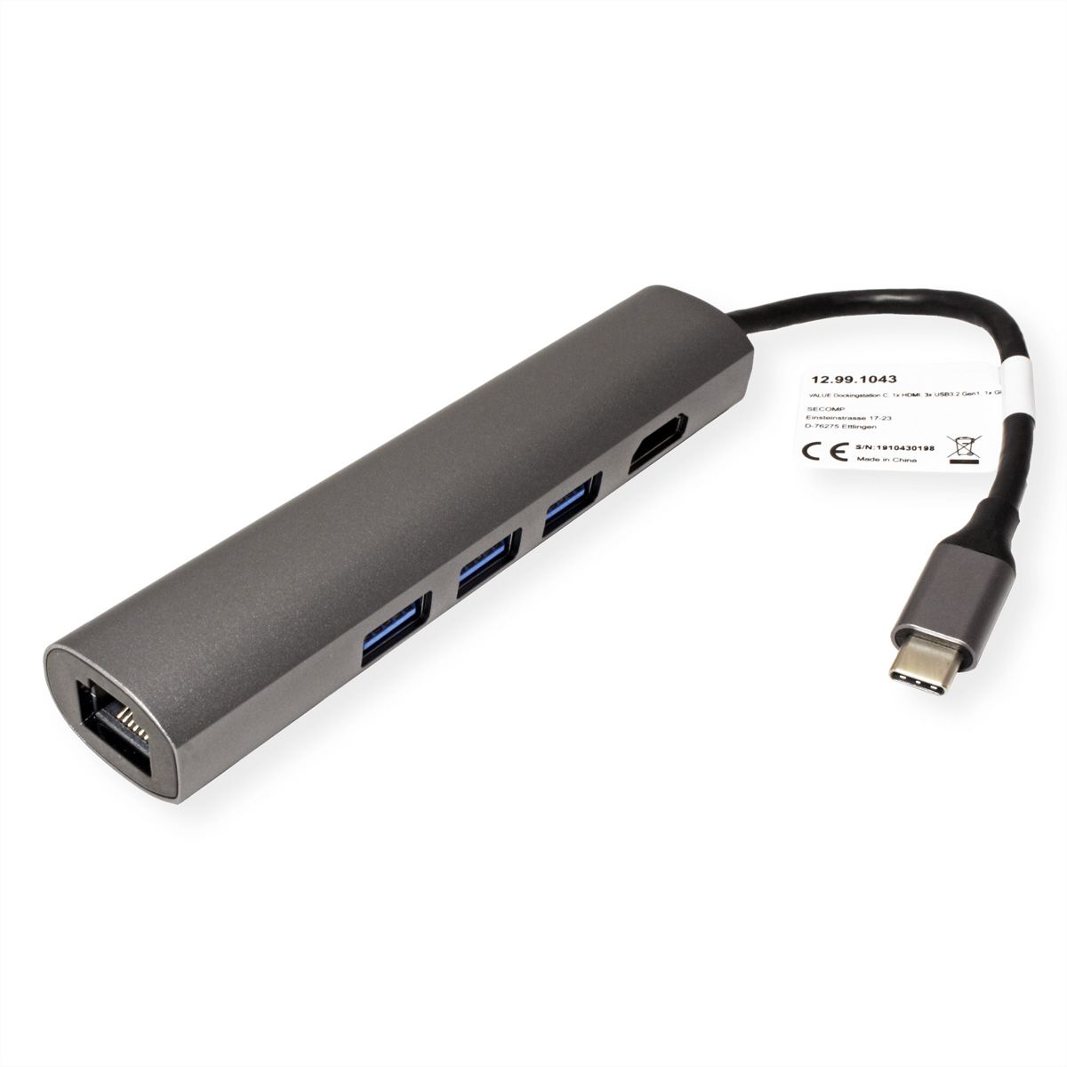 VALUE USB-C docking station, 4K HDMI, 3x USB 3.2 Gen 1, Gigabit Ethernet, grey