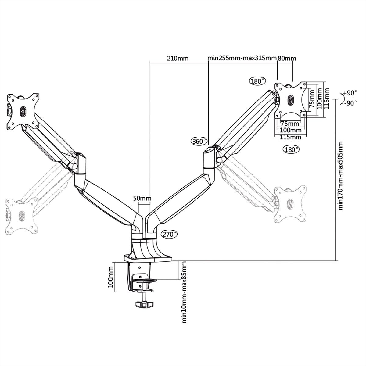 VALUE Dual LCD Monitor Arm, Desk Clamp, 6 Joints, height adjustable separately, gas spring