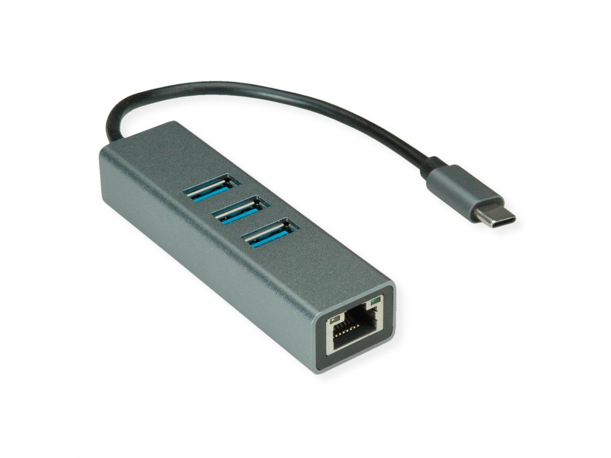 ROLINE USB Type C to Gigabit Ethernet Converter + Hub 3x