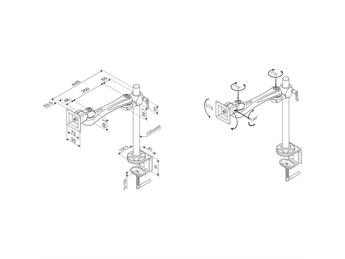 ROLINE Single LCD Monitor Arm, 3 Joints, Desk Clamp