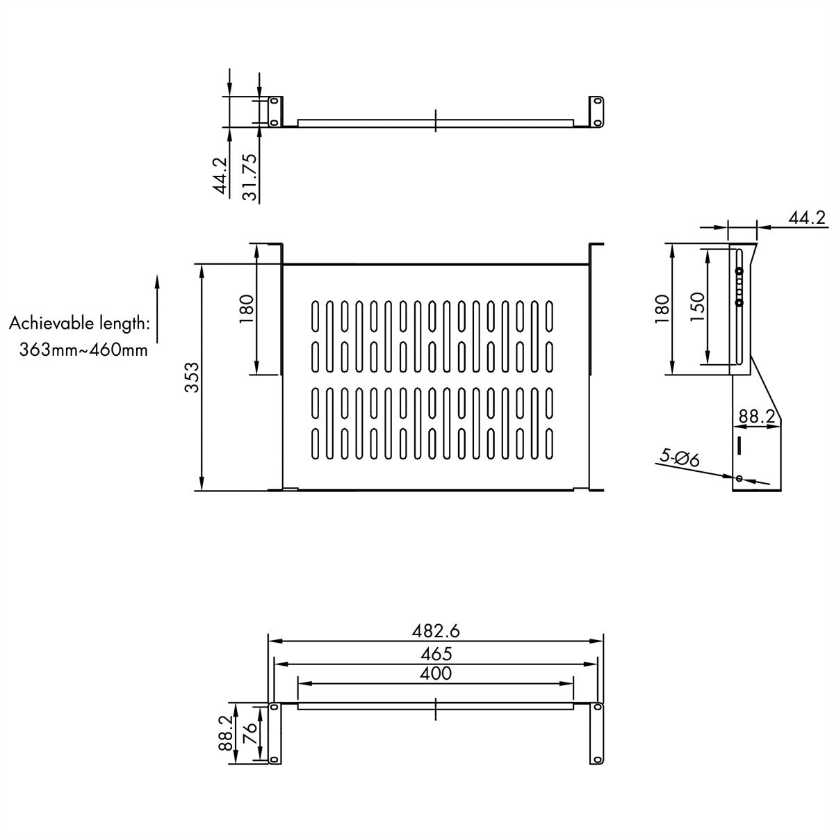 VALUE 19"-Fixed Shelf, 440 x 350mm, max. 25kg, 2U, U-Shape, black
