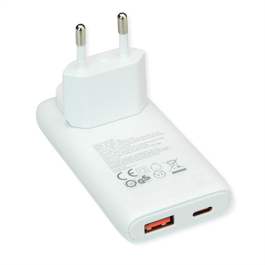 VALUE USB Wall Charger, EU/US Plug, 2x Ports (A+C), 65W