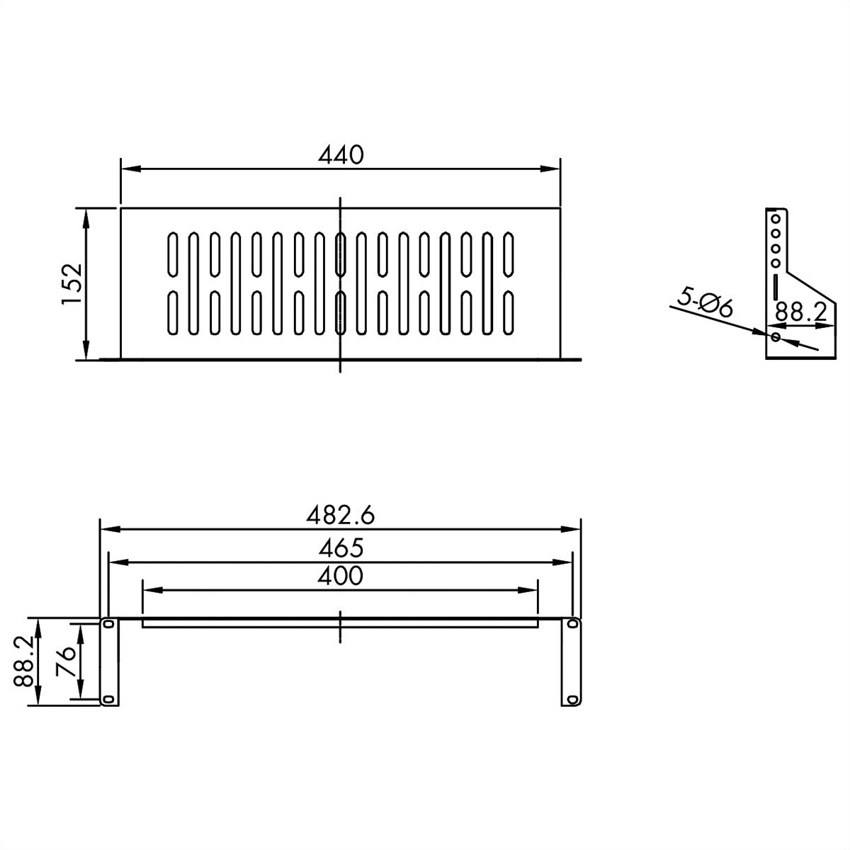 VALUE 19"-Fixed Shelf, 440 x 150mm, max. 15kg, 2U, U-Shape, black
