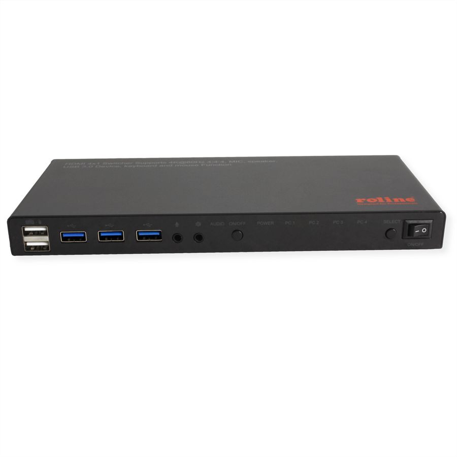 ROLINE KVM Switch, 4 PCs, HDMI 4K@60Hz, with 3 Port USB 3.2 Gen1 / USB 3.0 Hub