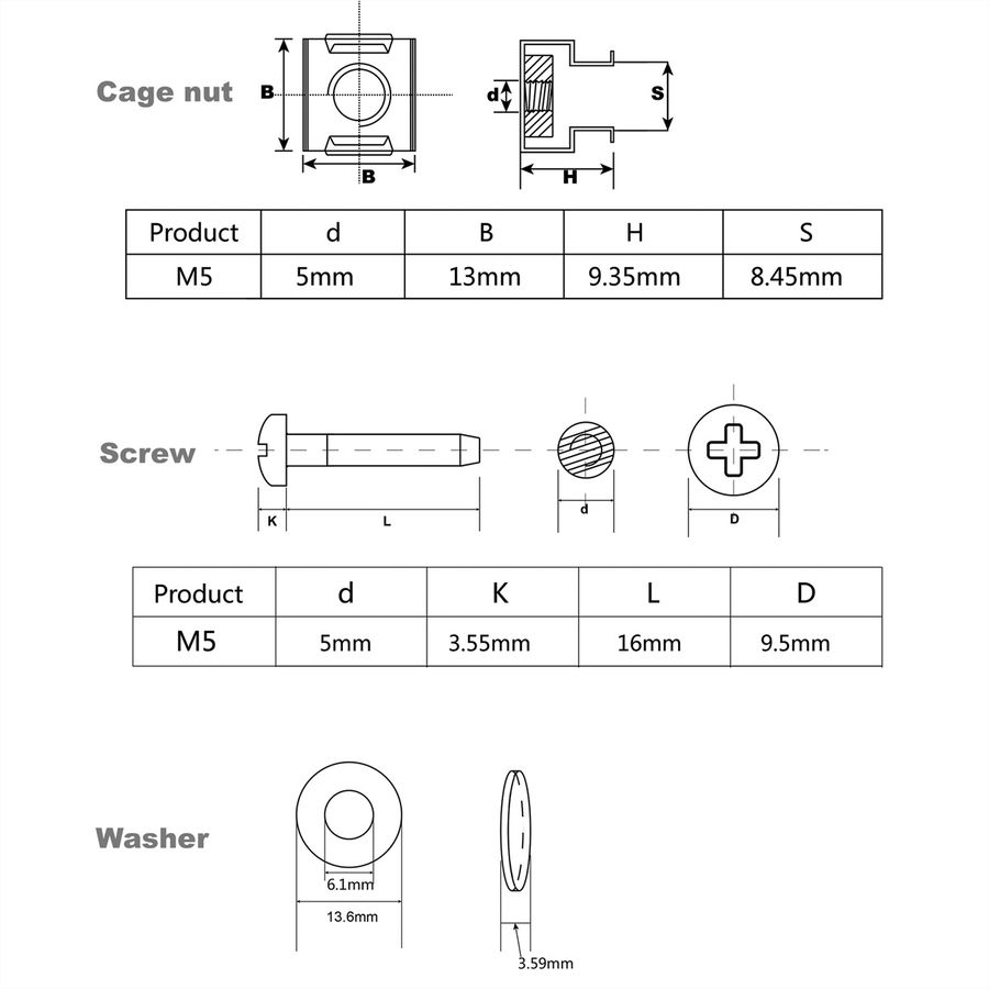 ROLINE mounting material for 19" components, M5, 100x, black