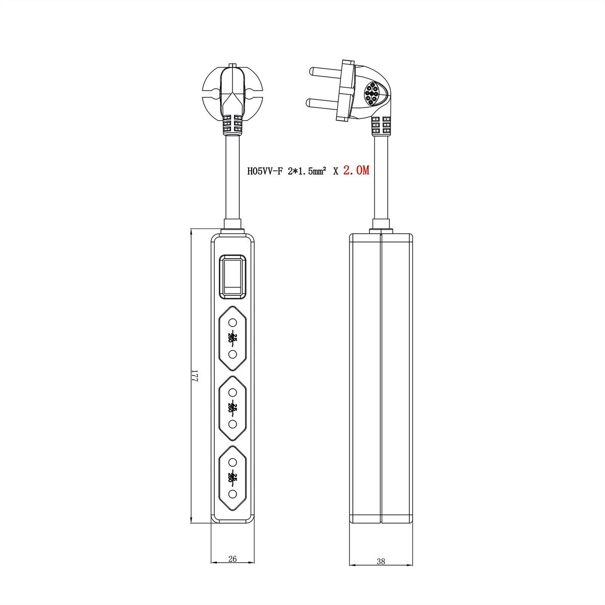 VALUE Power Strip 2-Pin Euro Type, 3-way, with Switch, 1.5 m