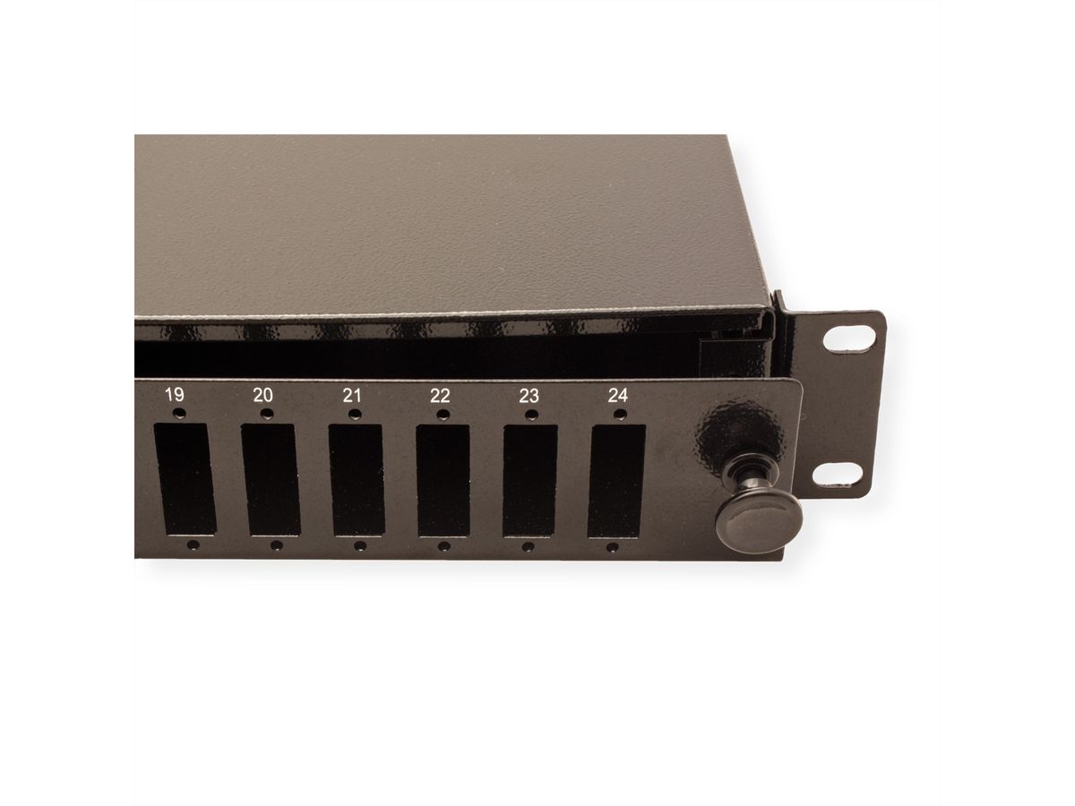 VALUE 19" FO Splice Box, empty, 1U, 24x SC DX / 24x LC quadruple, extendable