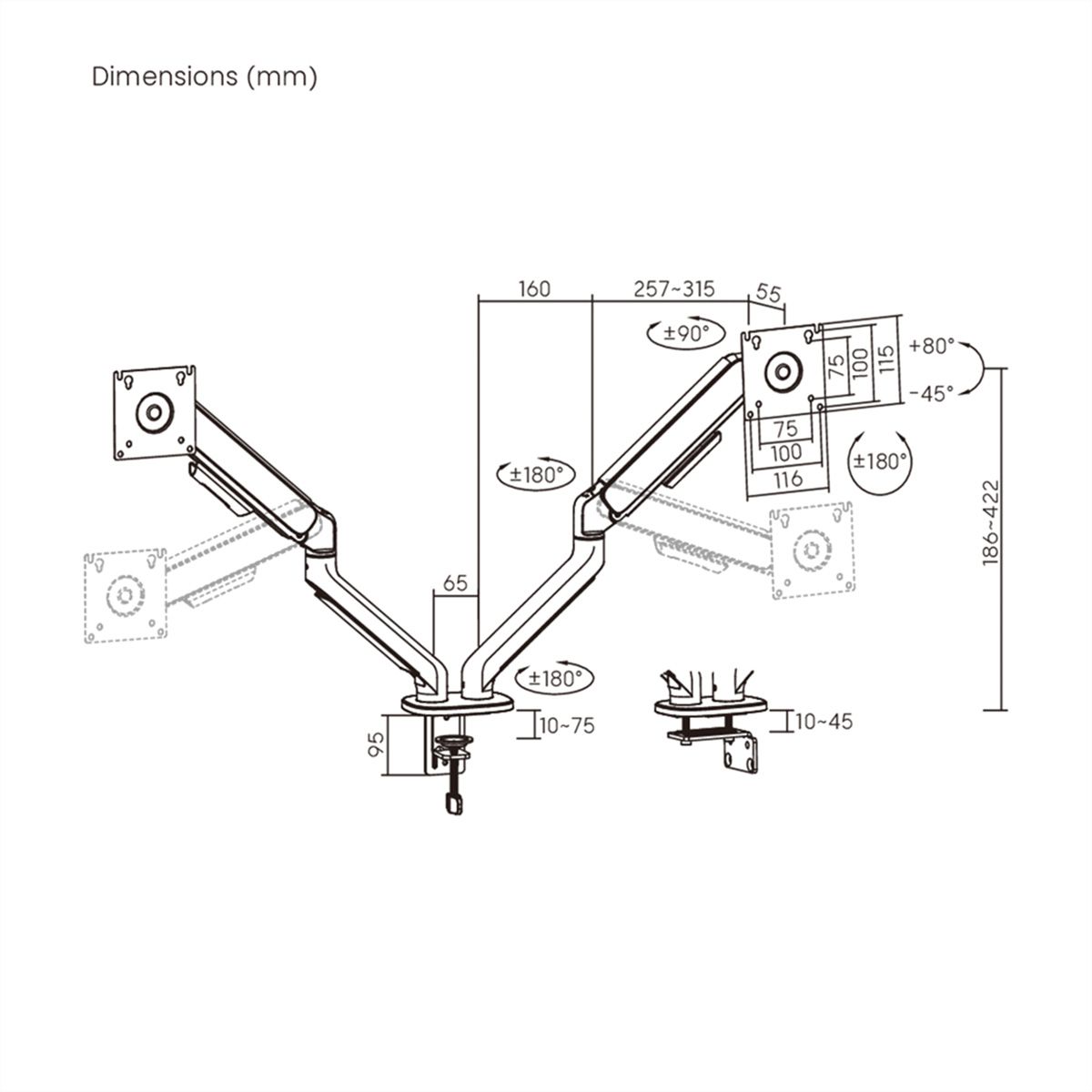 STANDARD Dual Monitor Arm, Mechanical Spring, 2x < 10 kg, < 81,3 cm (32"), black