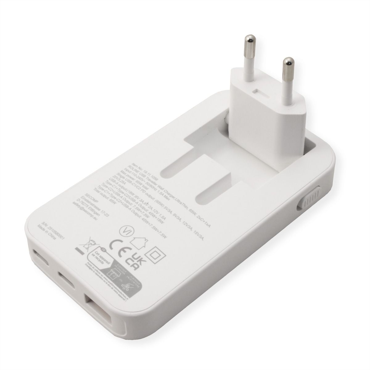 ROLINE Ultra Thin USB Wall Charger, 2x C, 1x A, 65W
