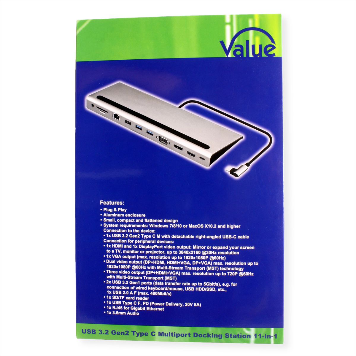 VALUE USB-C Multiport Docking Station, 4K HDMI/DP, VGA, USB 3.2 Gen 1, USB 2.0, SD/Micro SD Card Reader, Power Delivery, Gigabit Ethernet, 3.5mm Audio