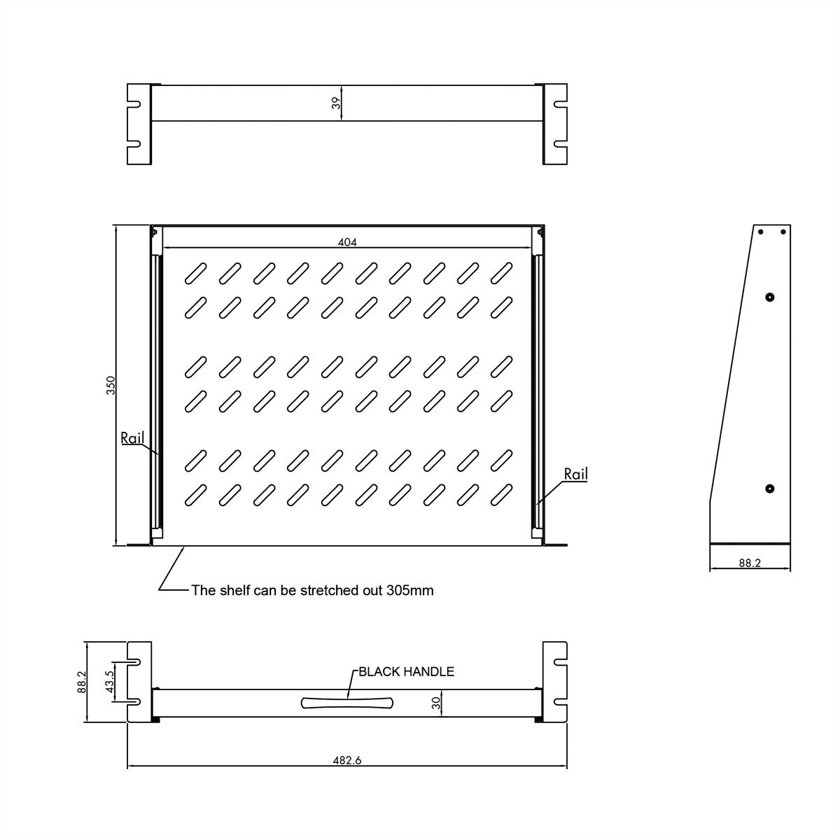VALUE 19" 2U Extendable Sliding Shelf for Cabinets, 404 x 350 mm, max. load 30 kg