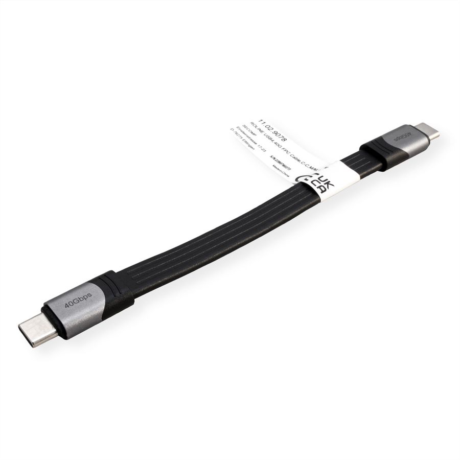 ROLINE USB4 Gen3x2 Cable, PD, C-C, M/M, 8K UHD-2, 40Gbit/s, 100W, extra-flat, black, 15 cm