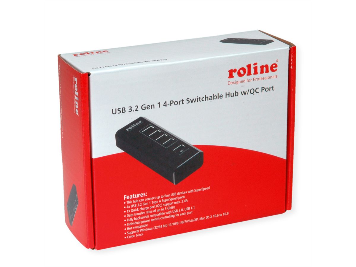 ROLINE USB 3.2 Gen 1 Hub, 4 Ports + 1x Charging Port, Switchable