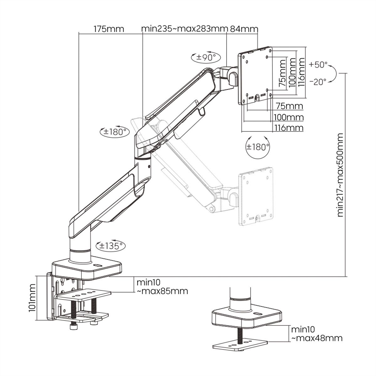 ROLINE Single LCD Monitor Stand, Gas Spring, Desk Clamp, 5 Joints, 17–49 inch, max. 20 kg