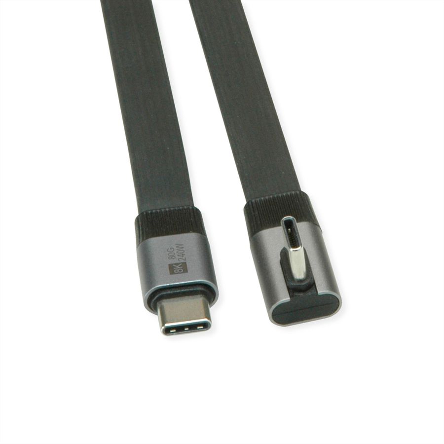 ROLINE Cable USB4 2.0, Flat, Straight-90° Angled, with Emark, C–C, M/M, 8K UHD-2, 80Gbit/s, 240W, black, 0.8 m