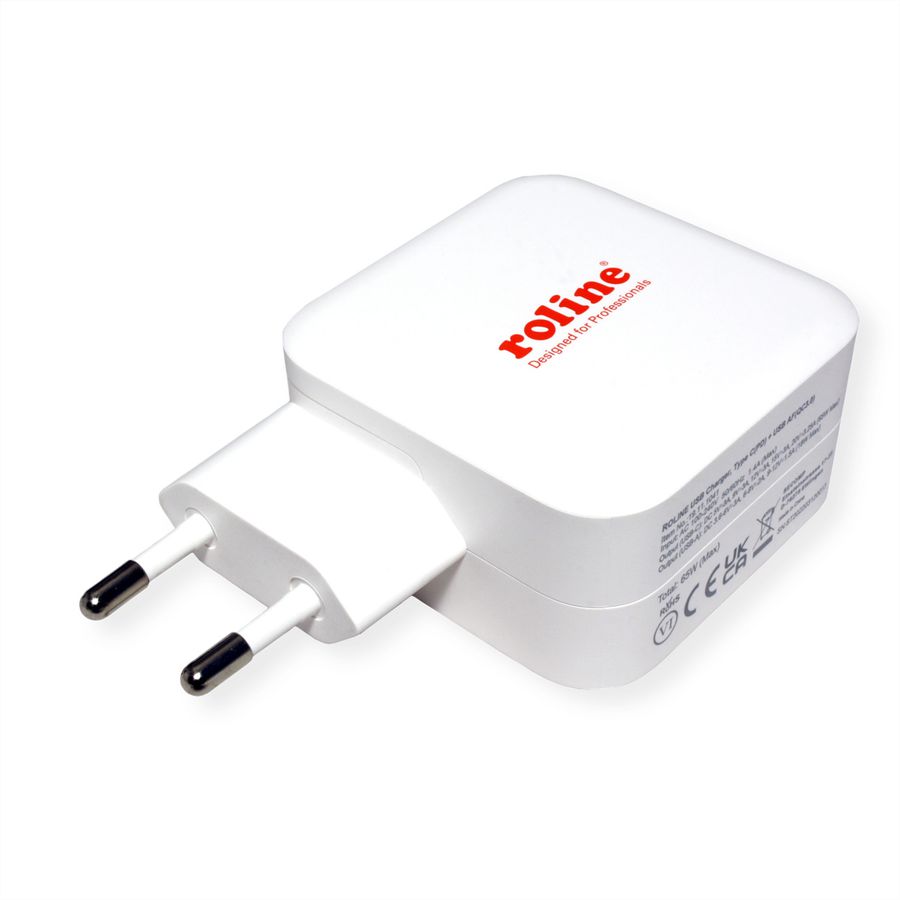 ROLINE USB Wall Charger Euro Plug, 2 Ports, 1x QC3.0 + 1x C (PD), 65W