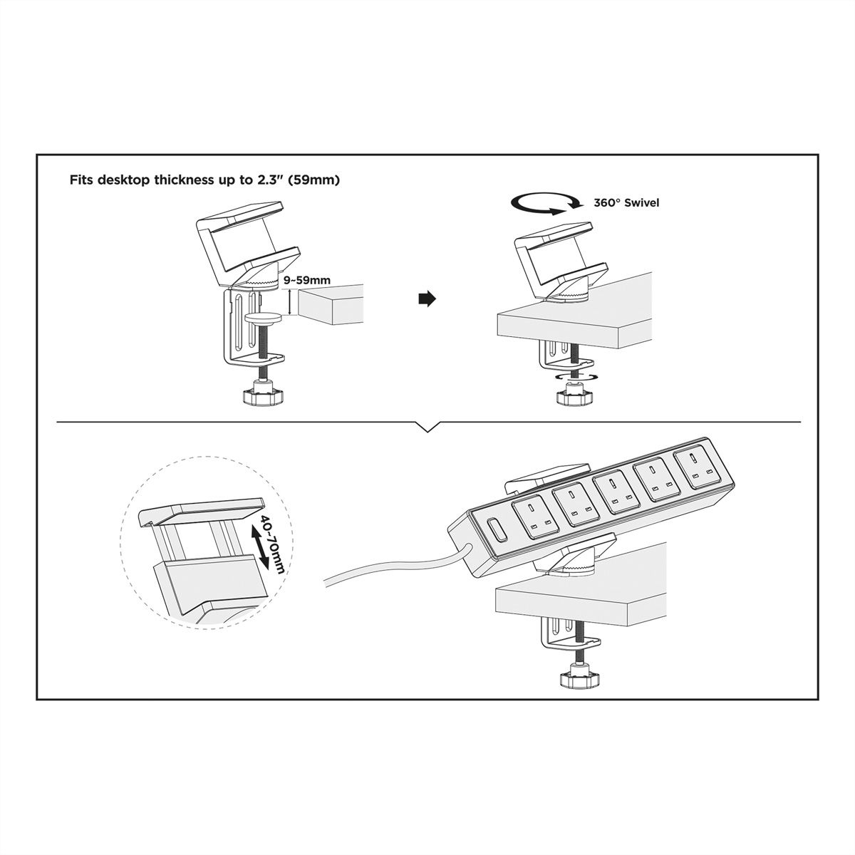 VALUE Clamp-On Power Strip Holder, 360°, white