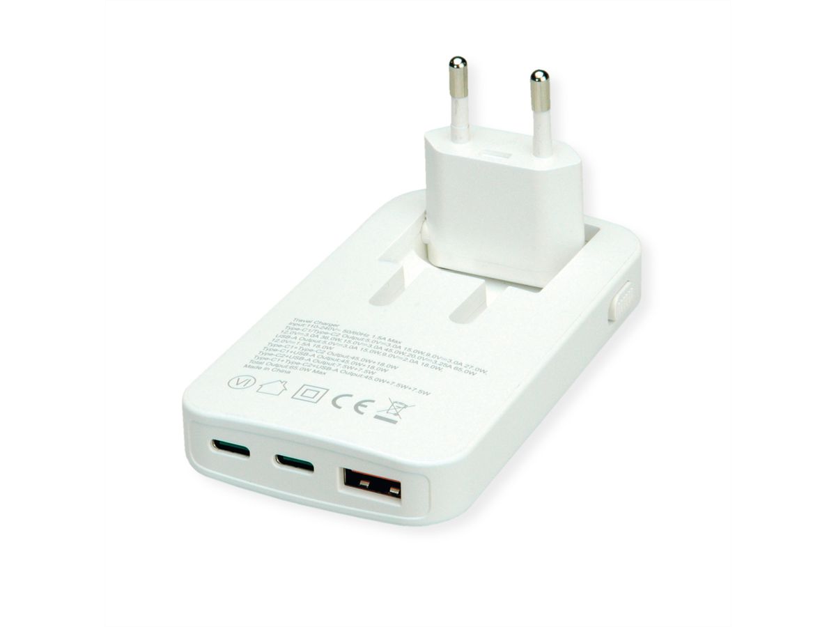 ROLINE Ultra Thin USB Wall Charger, 2x C, 1x A, 65W