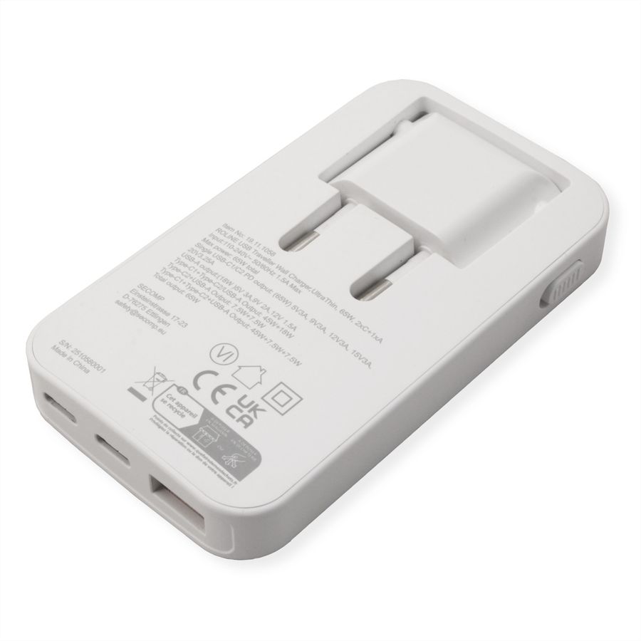 ROLINE Ultra Thin USB Wall Charger, 2x C, 1x A, 65W