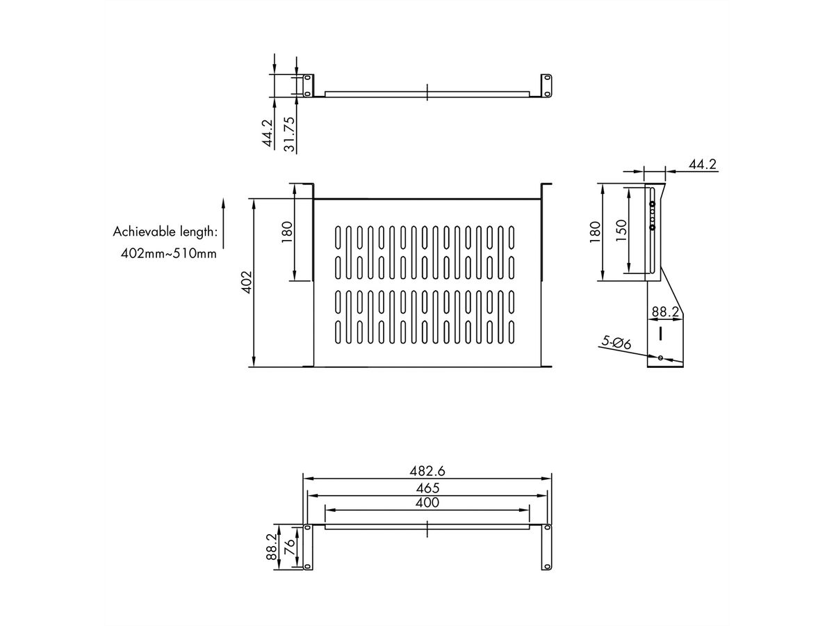 VALUE 19"-Fixed Shelf, 440 x 400mm, max. 25kg, 2U, U-Shape, black