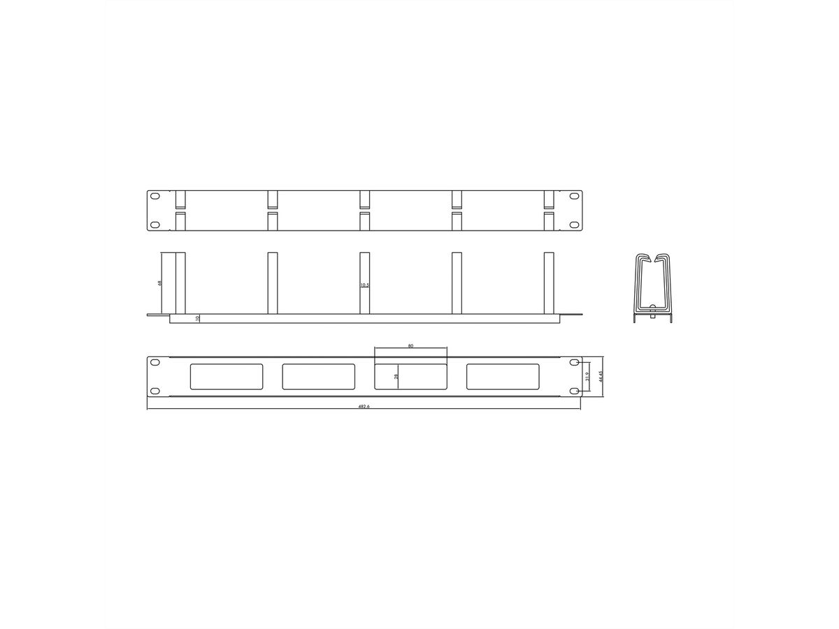 VALUE 19" 1U Cable Management Plate, C-Type, 5 Hooks, Cut-out front panel / cable feed-through, RAL 7035 lightgrey