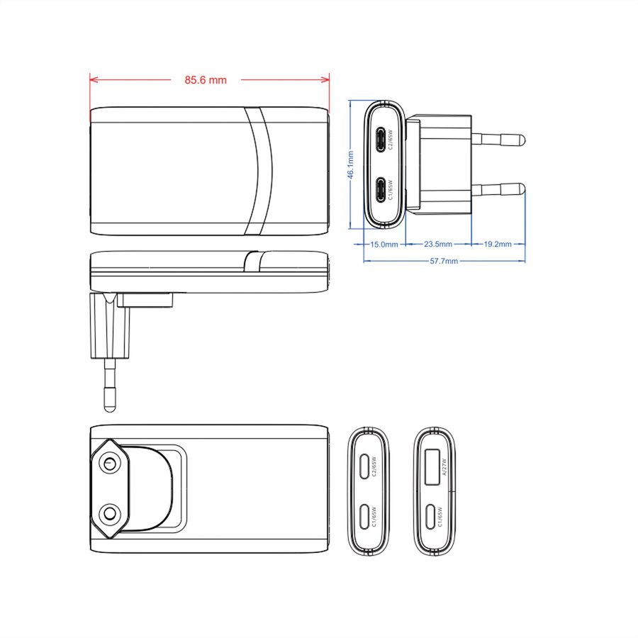 VALUE USB Wall Charger, EU/US Plug, 2x Ports (A+C), 65W