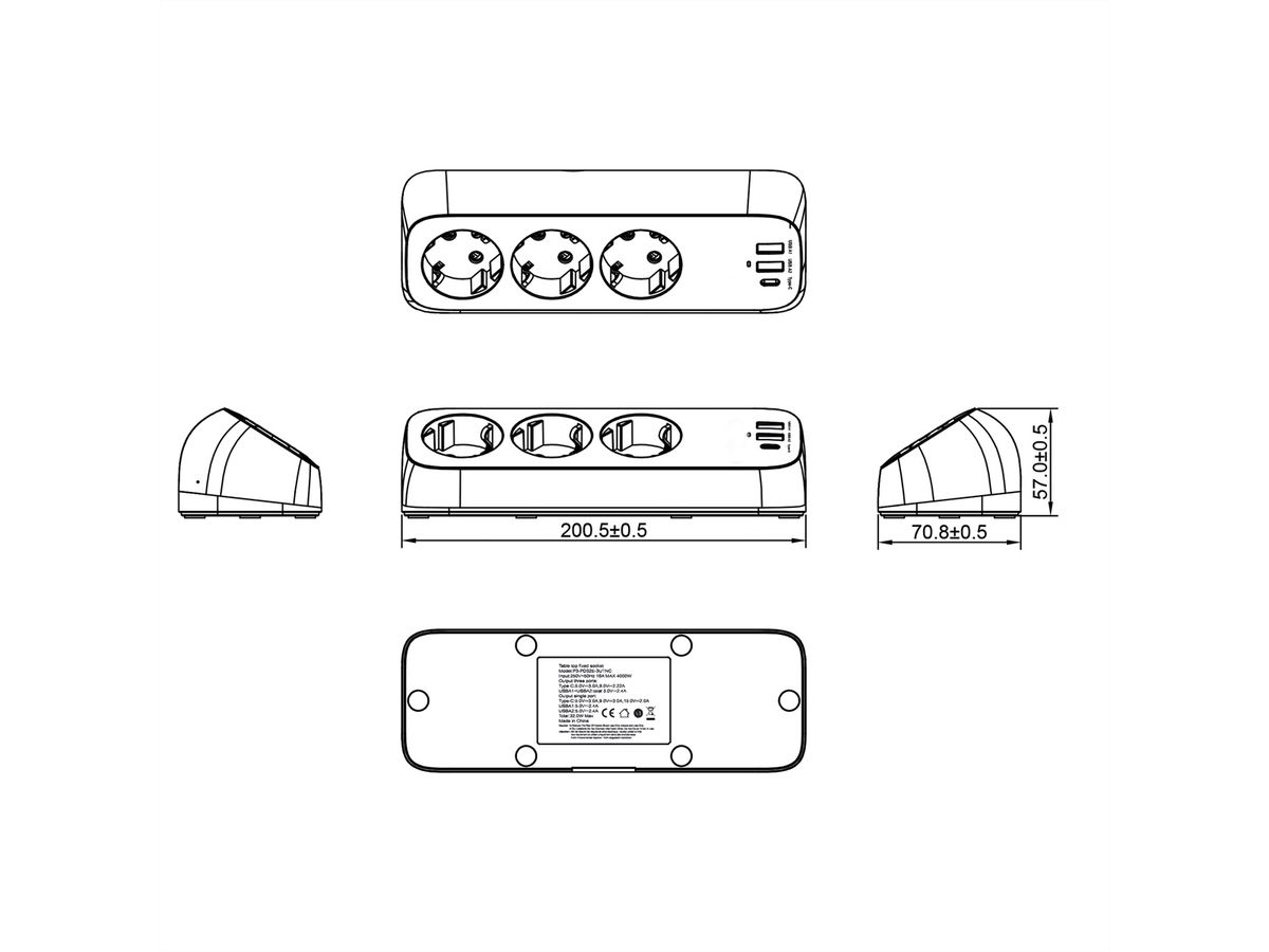 VALUE Power Strip, 3-way, with 3x USB (1x C + 2x A) and table clamp, 1.5 m