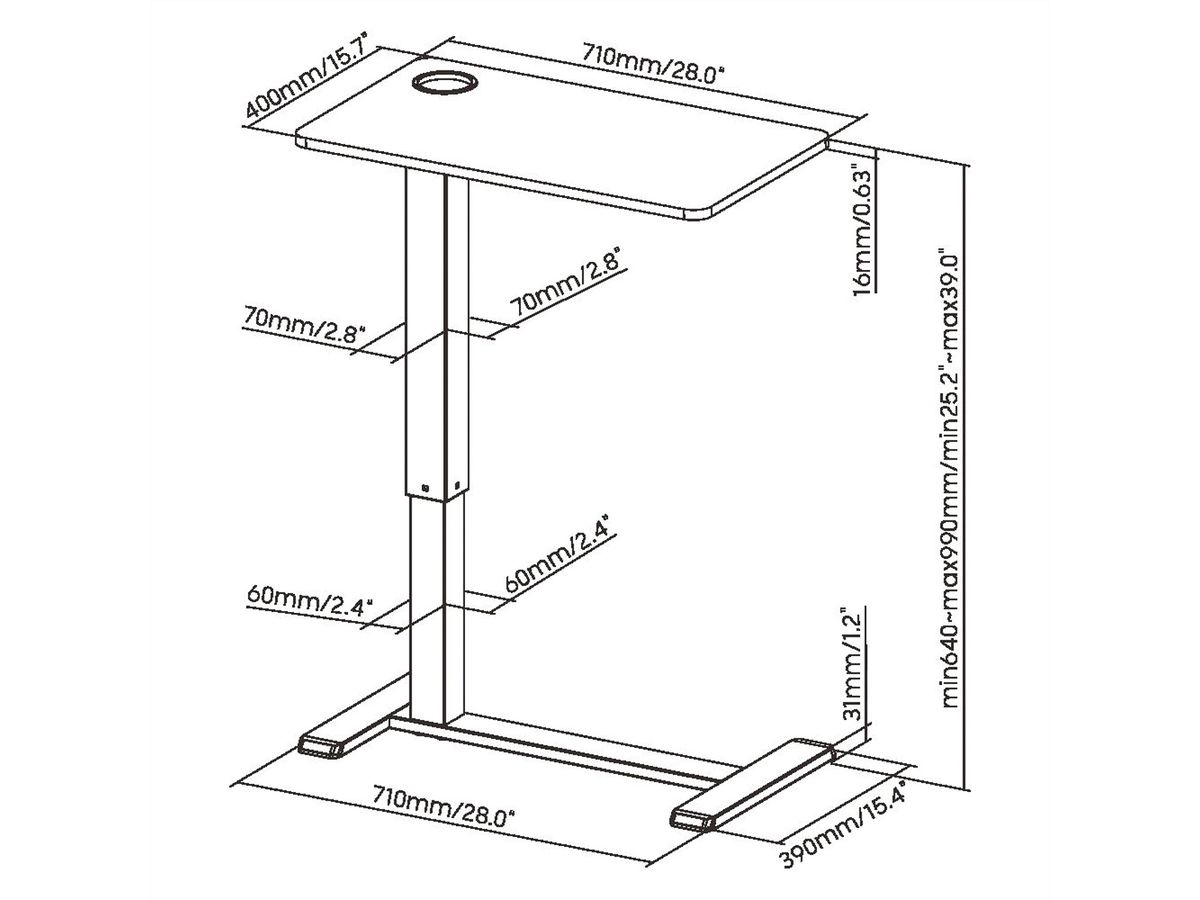 ROLINE Gas Spring Side Table / Workstation, height-adjustable, hidden casters, white