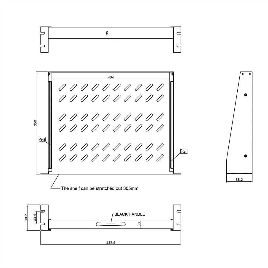VALUE 19" 2U Extendable Sliding Shelf for Cabinets, 404 x 350 mm, max. load 30 kg