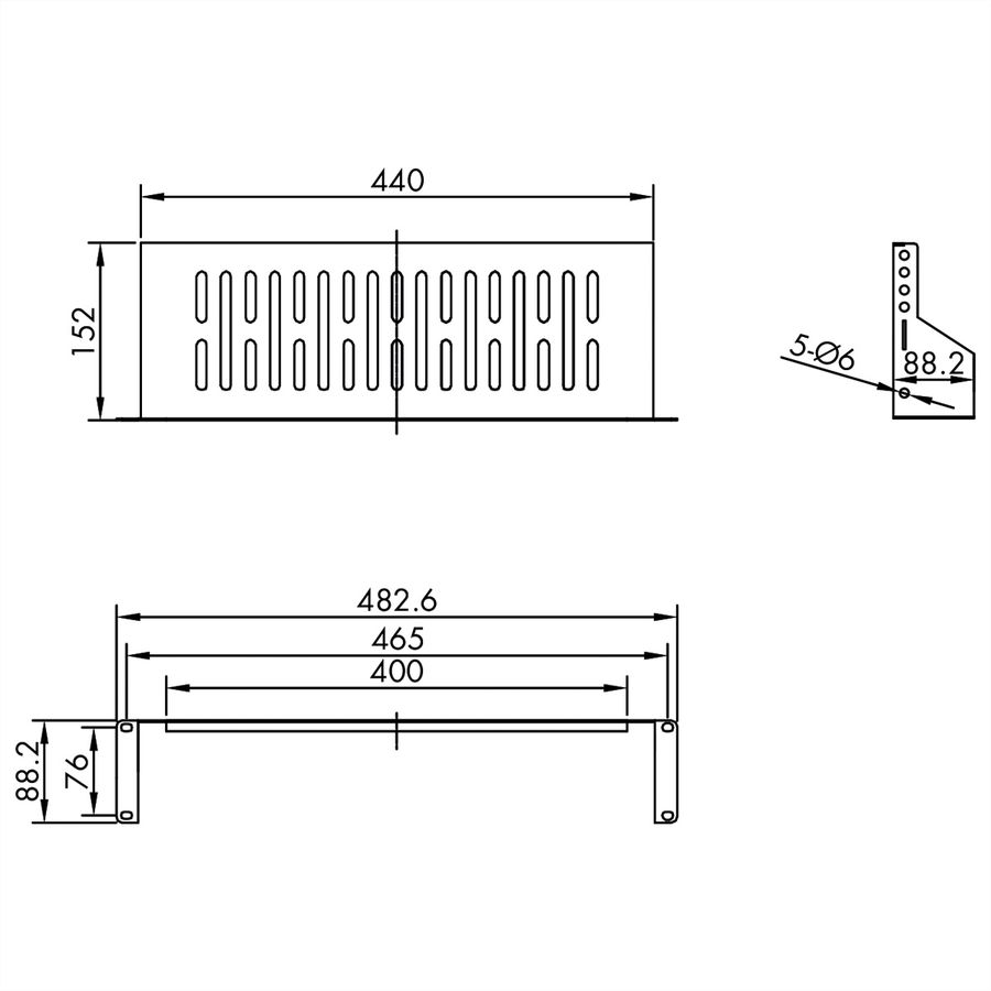 VALUE 19"-Fixed Shelf, 440 x 150mm, max. 15kg, 2U, U-Shape, black