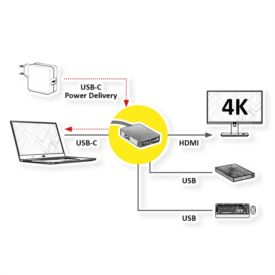 ROLINE GOLD USB-C Docking Station, 4K HDMI, 2x USB 3.2 Gen 1 ports, 1x USB Type C PD (Power Delivery)