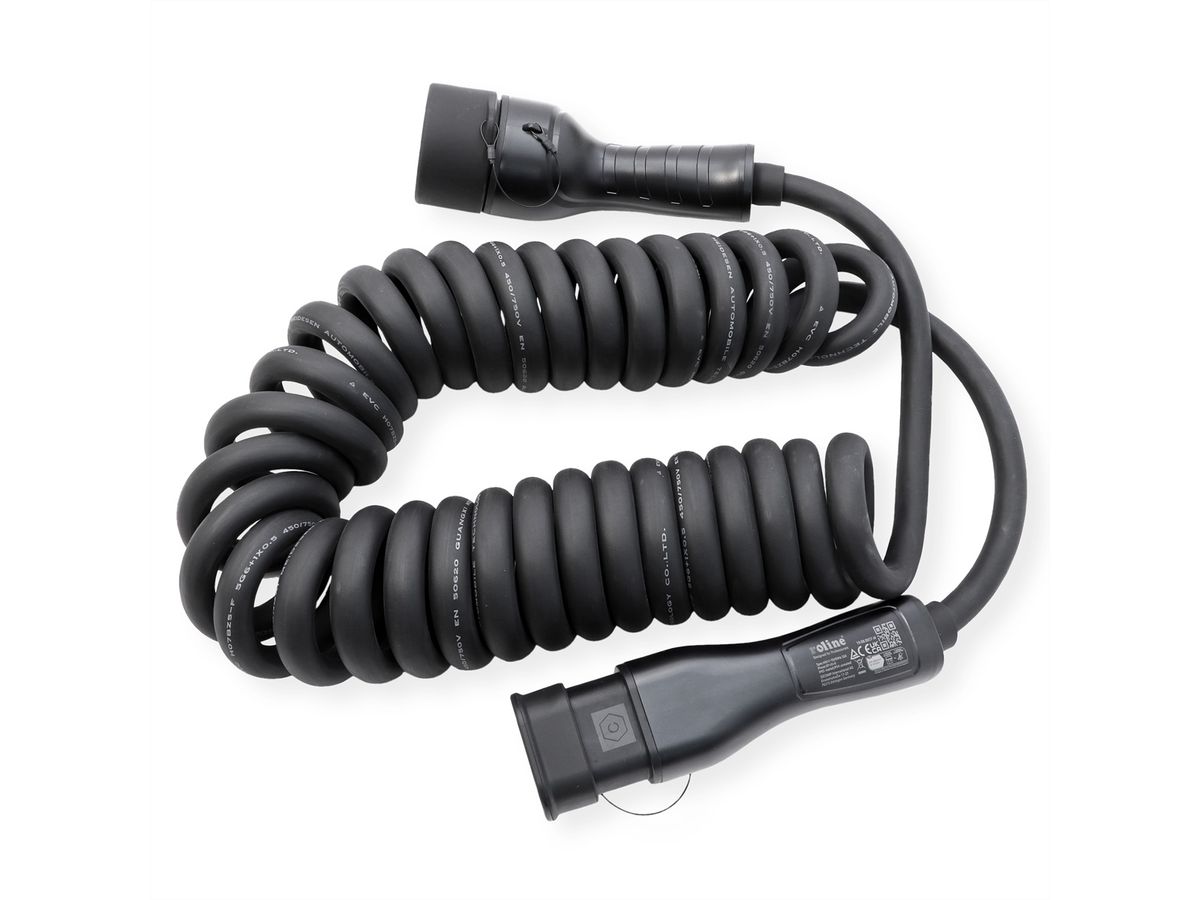 ROLINE EV Charging Cable Assembly Type2, 3-Phase, 480VAC (3P+N+E), 32 A, 22 kW, spiral, 7.5 m