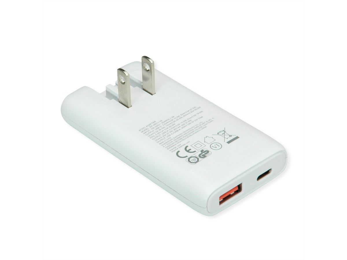 VALUE USB Wall Charger, EU/US Plug, 2x Ports (A+C), 65W, white