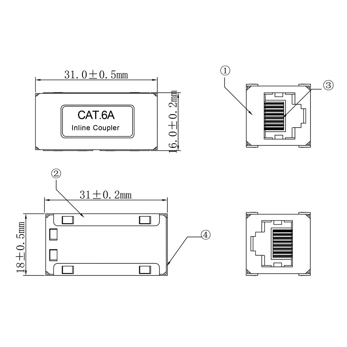 ROLINE RJ-45 Mini Inline Coupler, Cat.6A (Class EA), shielded, silver