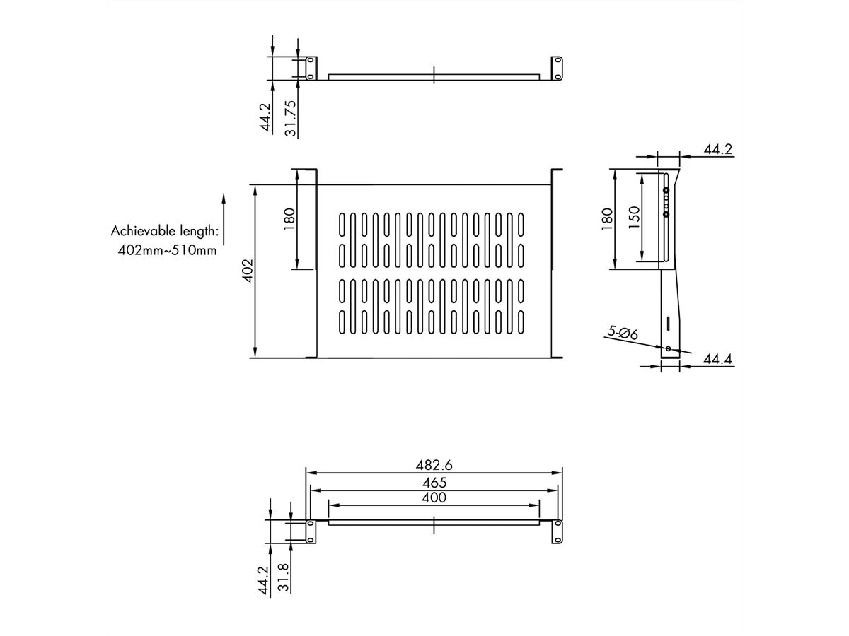 VALUE 19"-Fixed Shelf, 440 x 400mm, max. 25kg, 1U, U-Shape, black