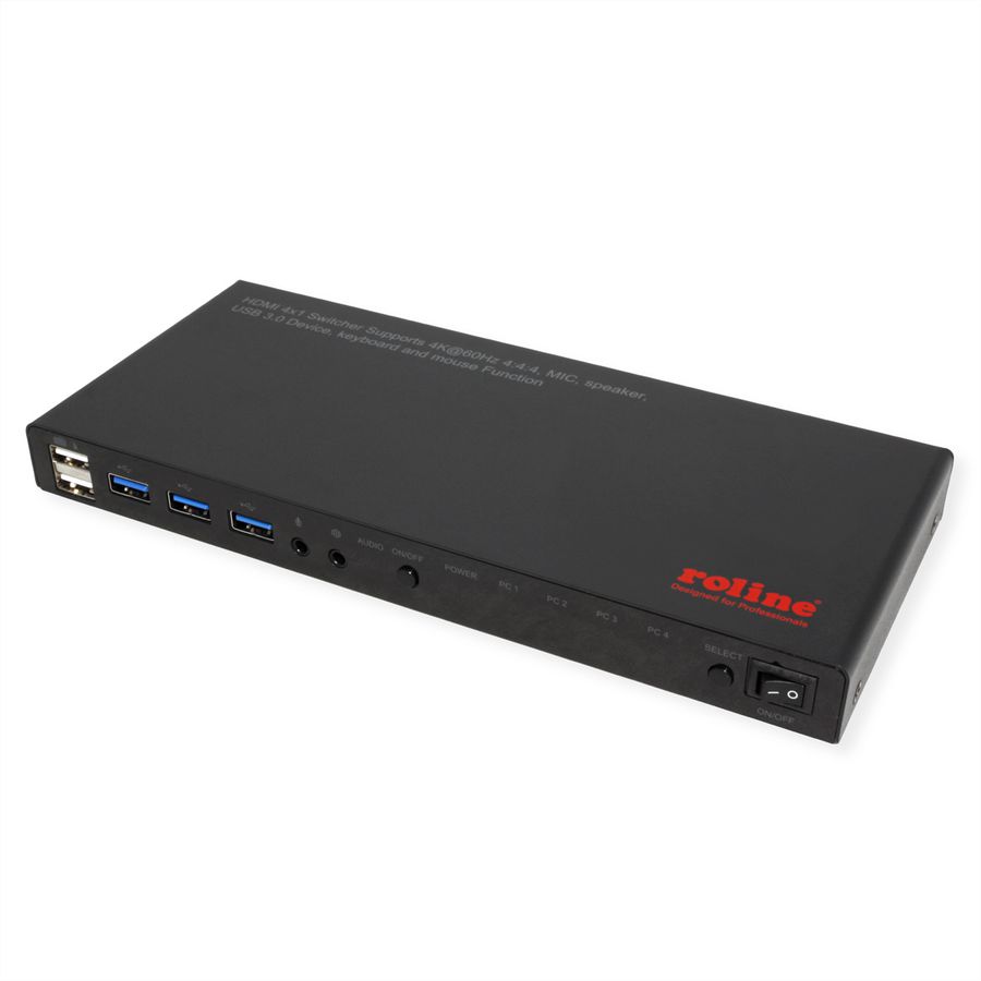 ROLINE KVM Switch, 4 PCs, HDMI 4K@60Hz, with 3 Port USB 3.2 Gen1 / USB 3.0 Hub