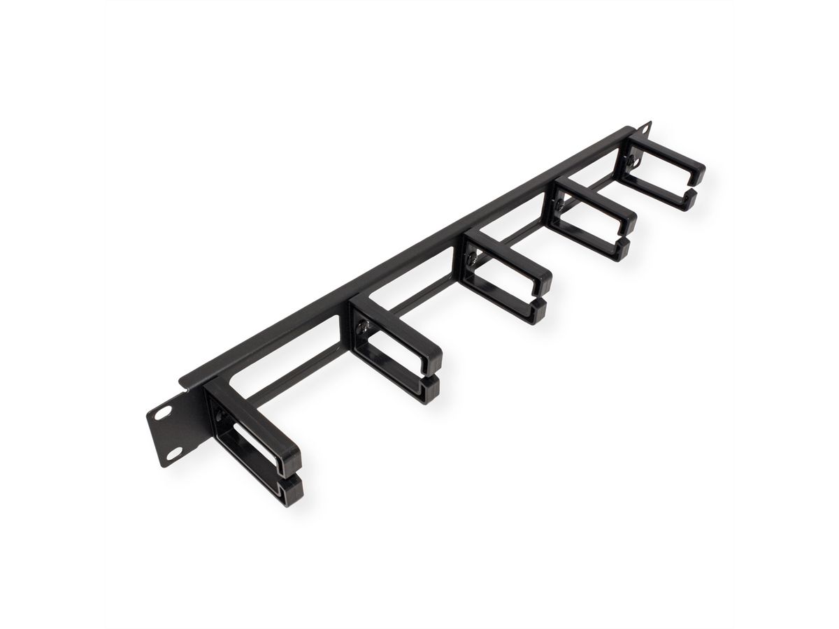 VALUE 19" 1U Cable Management Plate, C-Type, 5 Hooks, Cut-out front panel / cable feed-through, RAL 9005 black