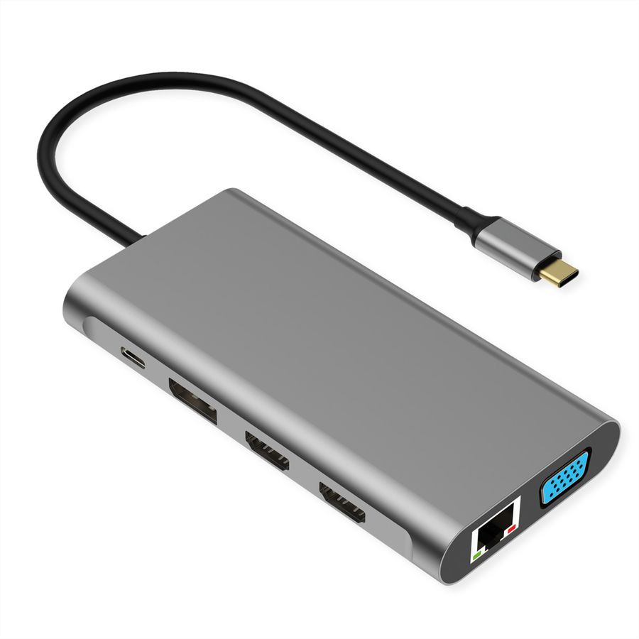 VALUE Dockingstation Type C, 2x 4k HDMI, DP, VGA, Gigabit Ethernet, 2x USB-C, 2x USB-A, PD