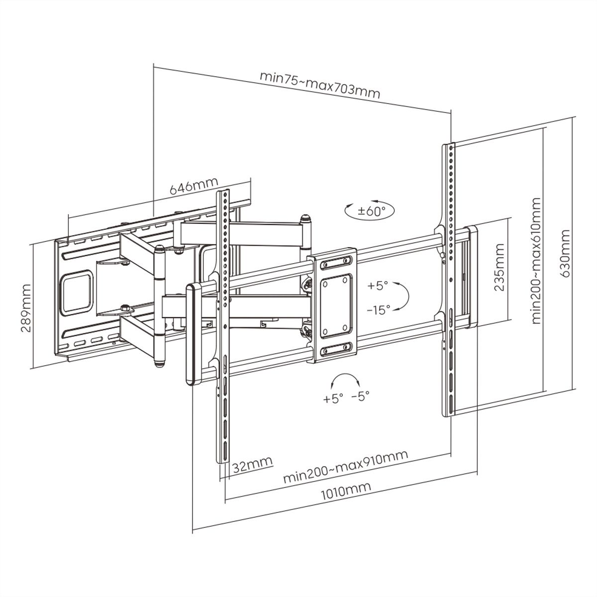 VALUE Solid Articulating Wall Mount TV Holder, 60–120 inch, max. 120 kg