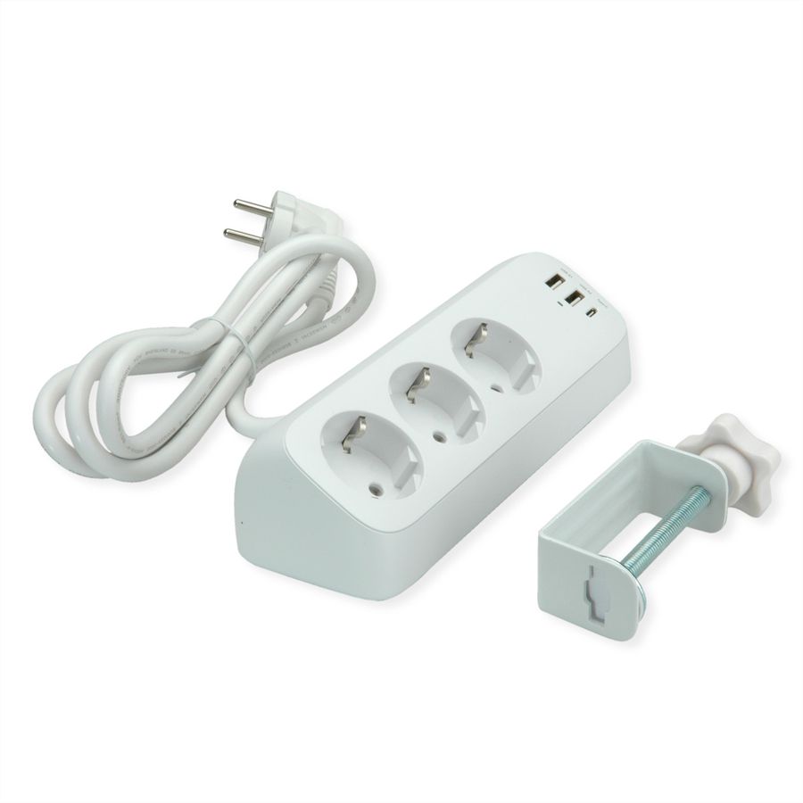 VALUE Power Strip, 3-way, with 3x USB (1x C + 2x A) and table clamp, 1.5 m