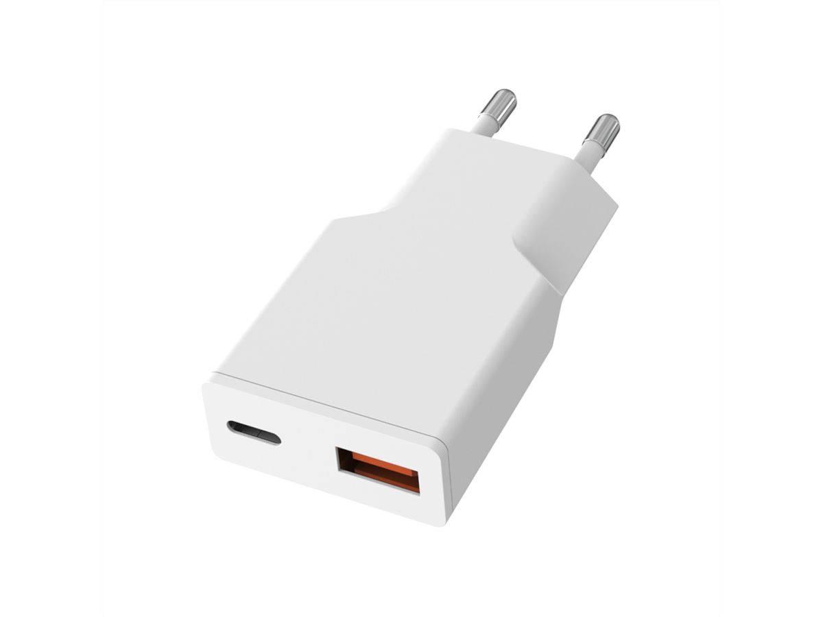 VALUE USB Wall Charger, EU Plug, 2x Ports (A+C), 20W, white