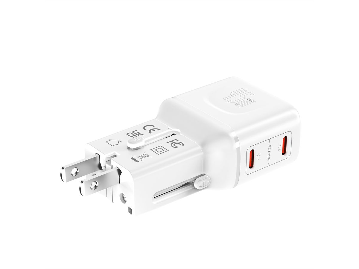 VALUE POCKET Travel Charger, EU/UK/US, 2x Ports USB C, 45W, white