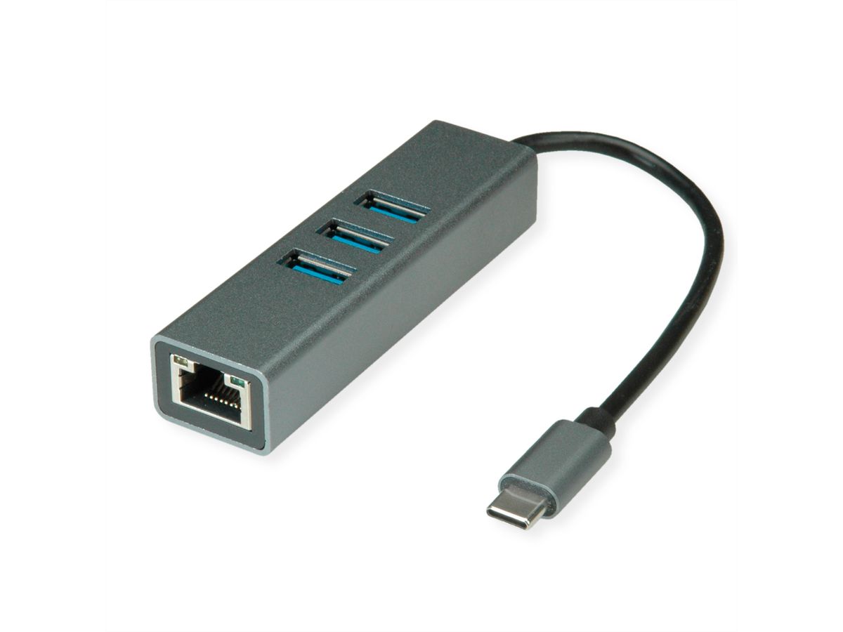 ROLINE USB Type C to Gigabit Ethernet Converter + Hub 3x