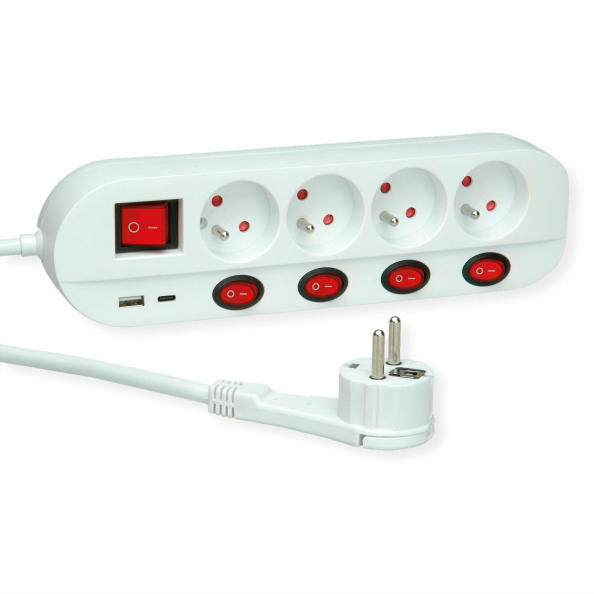 ROLINE Power Strip, 4-way, UTE, with individual on/off switches, 1x USB A, 1x USB C, 3 m